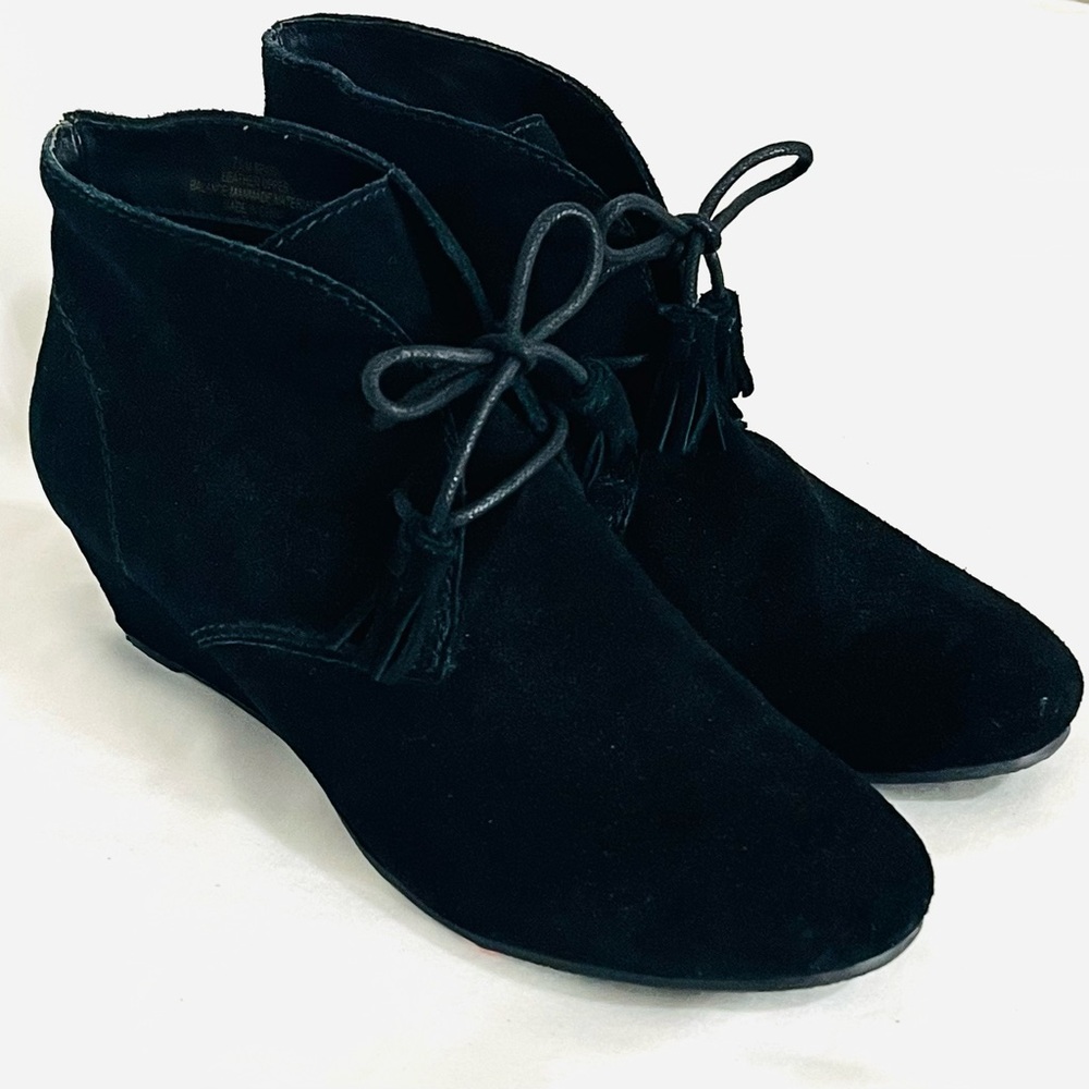 Black Suede Wedge Tassel Lace Up Boho Ankle Booties Size 7.5